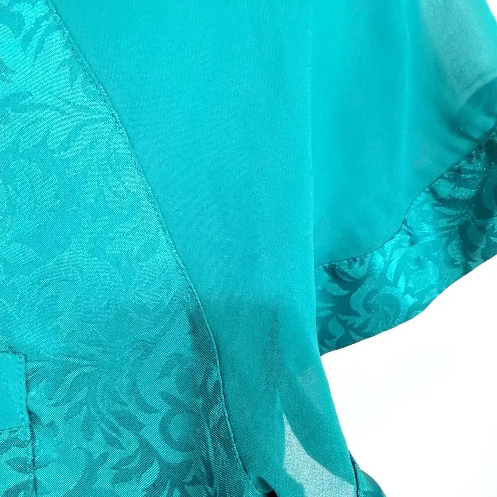 Vintage Val Mode Satin Nightshirt Nightgown Teal Green Button Down Sheer Sz 1X